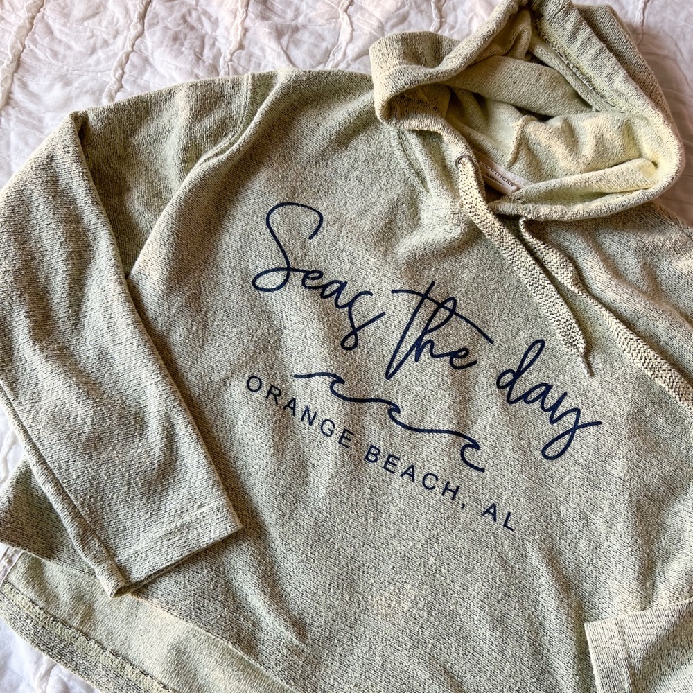 “Seas the day” Orange Beach, AL green hooded crop soft pullover women’s size L
